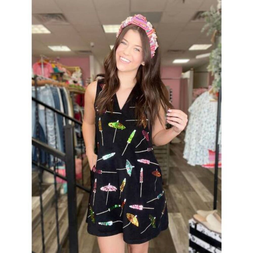 Queen of Sparkles - Black Cocktail Umbrella Halter Dress - XS